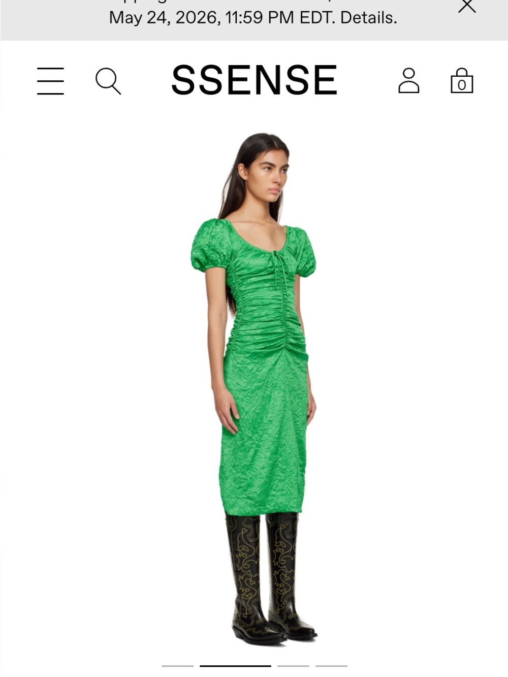 Ganni green crinkled midi dress